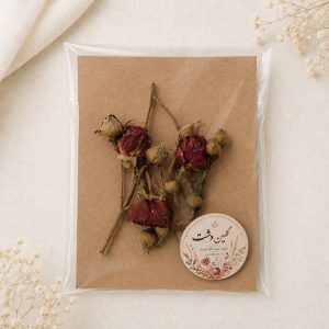 رز مینیاتوری خشک طبیعی طیف قرمز تیره–زرشکی دودی–قهوه‌ای آنتیک – (۳ شاخه پرگل و غنچه)