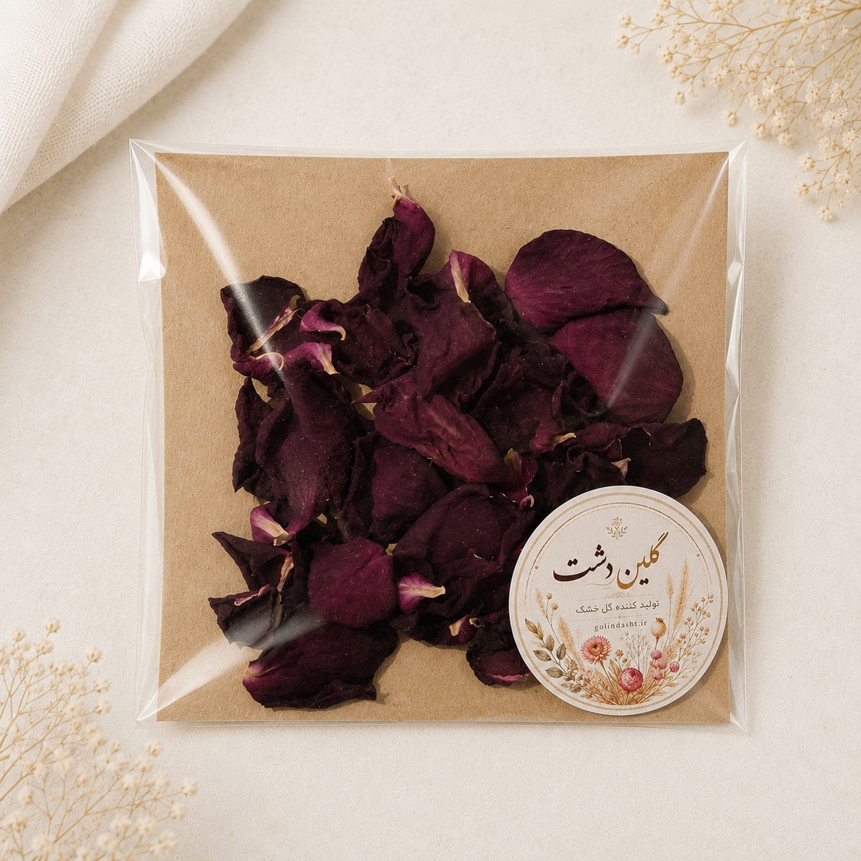 گلبرگ چروک رز خشک طبیعی – قرمز زرشکی مخملی بزرگ (۵ گرمی)